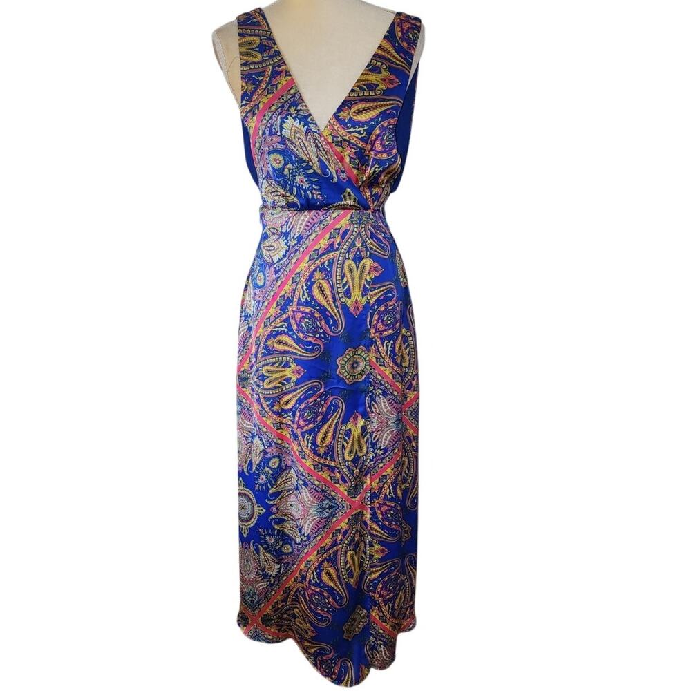 Forever 21 Plunging V-Neck Sexy Satin Multicolored Faux Wrap Maxi Dress Small